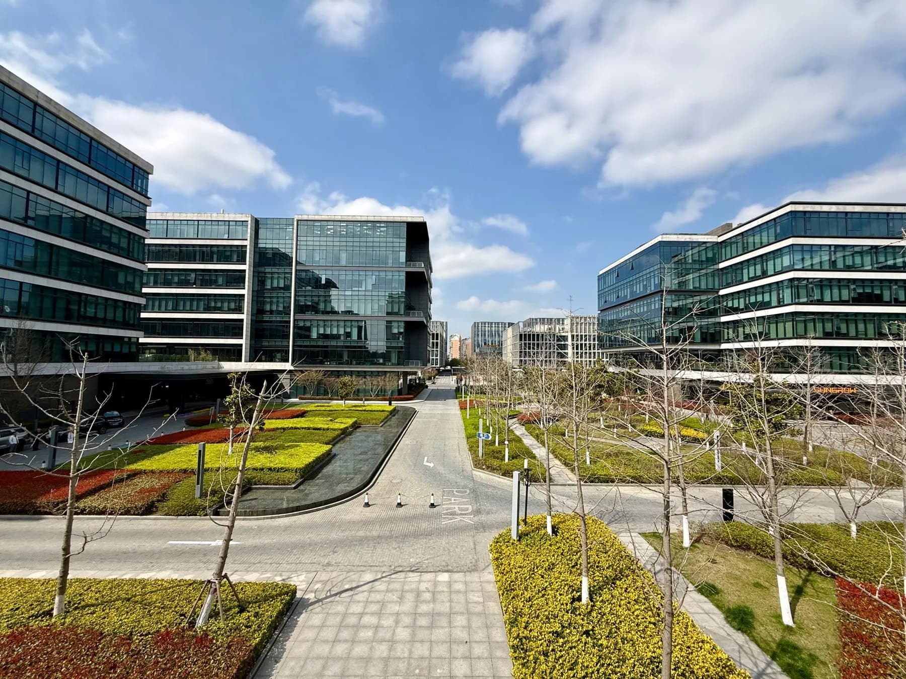 Landscaped business park campus in Dubai Silicon Oasis with lawns, date palms and low-water planting between office buildings