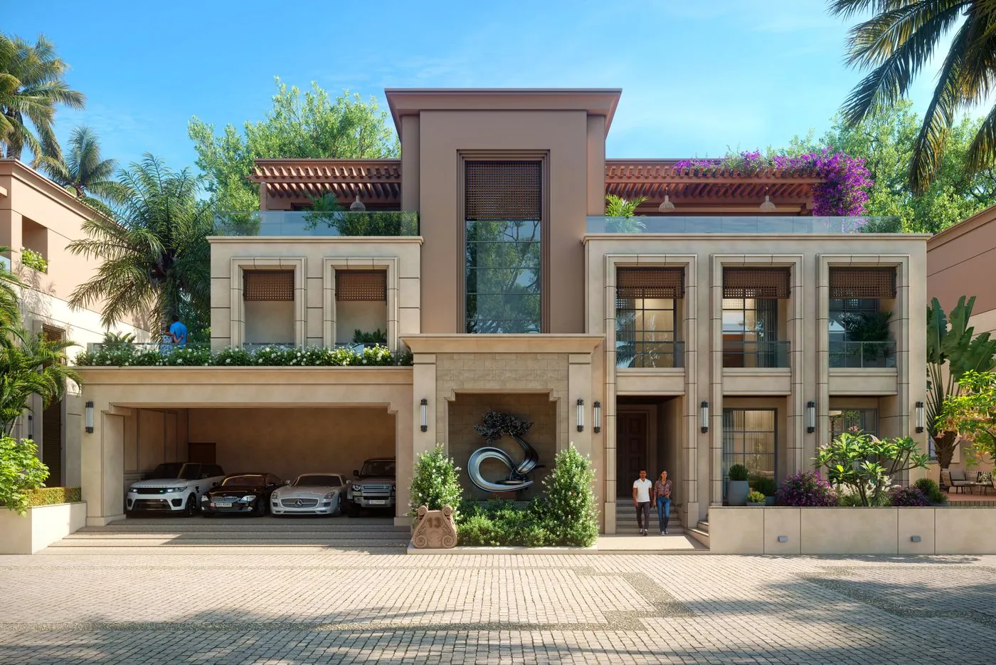 Modern UAE villa with a professionally landscaped garden, lawn, palms and paved terrace designed by Absher Landscaping