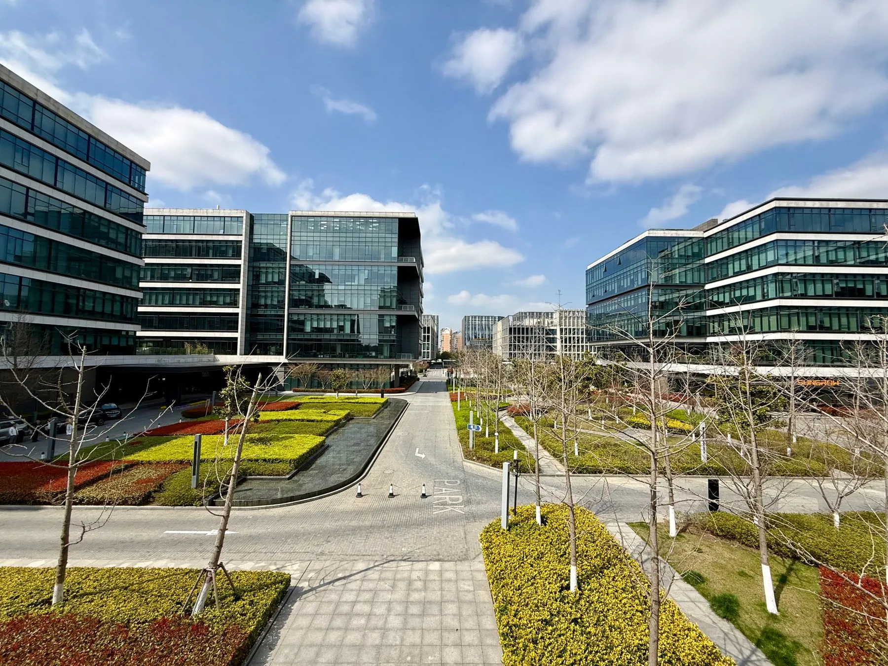 Landscaped business park campus in Dubai Silicon Oasis with lawns, date palms and low-water planting between office buildings