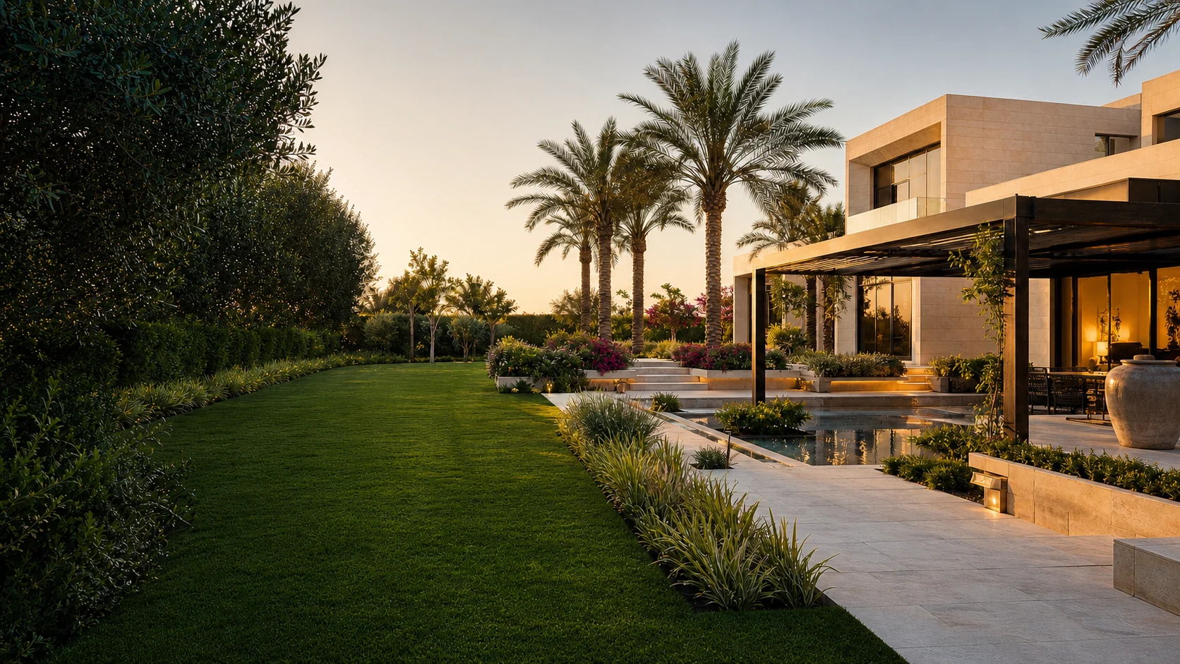 Premium modern UAE villa garden with lawn, date palms, pool and shaded pergola at golden hour