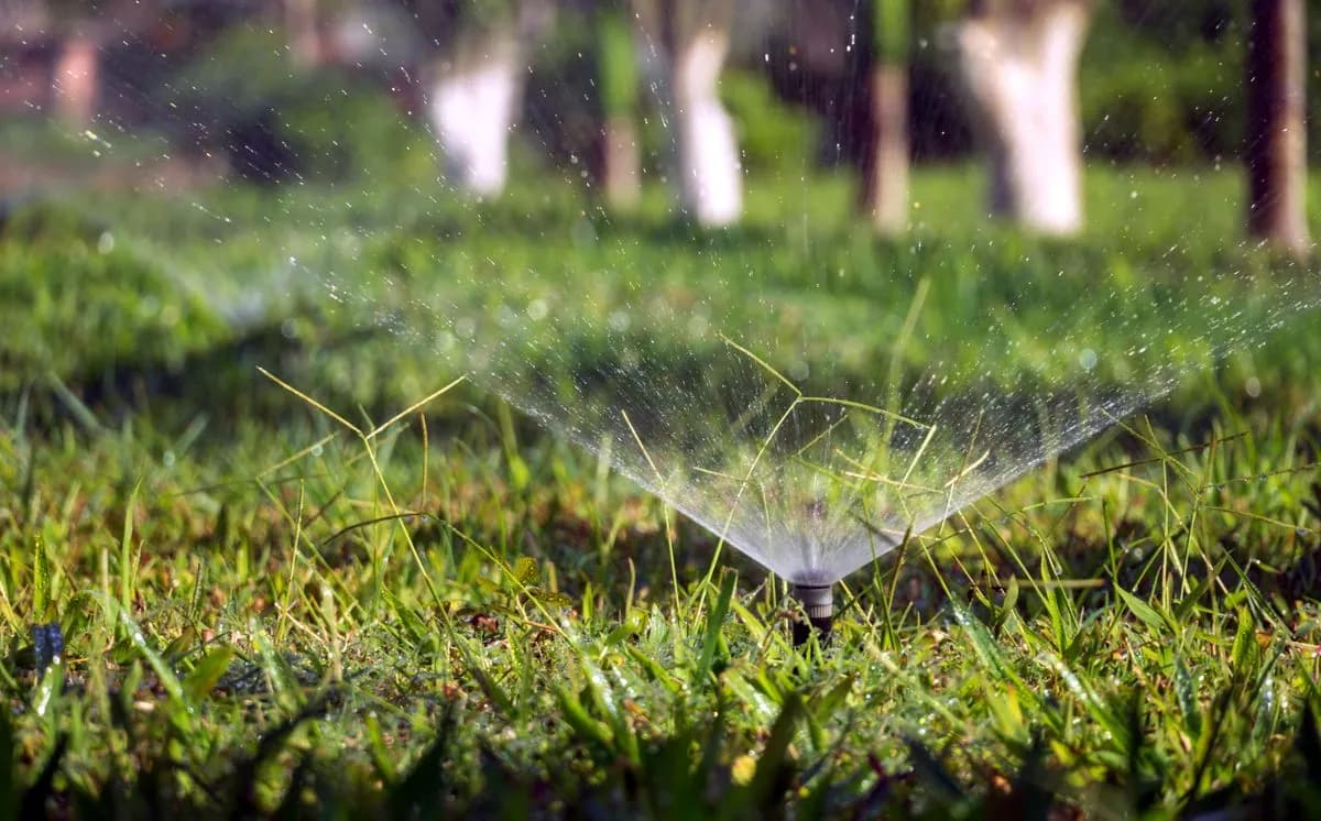 High-efficiency rotary sprinklers running on a smart-controlled irrigation zone at a Dubai office campus